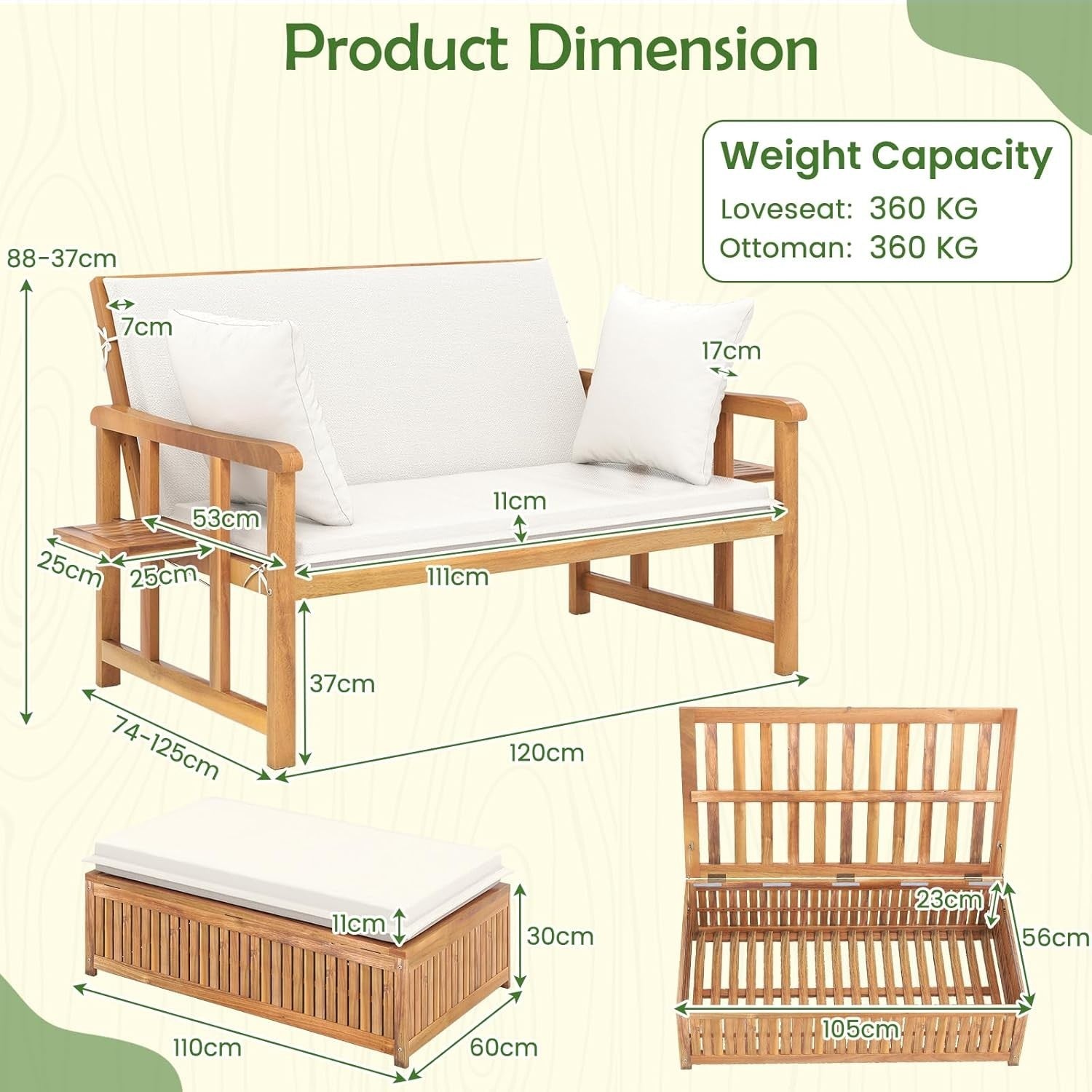 Acacia Wood Outdoor Loveseat & Ottoman Daybed with Cushions, Adjustable Back