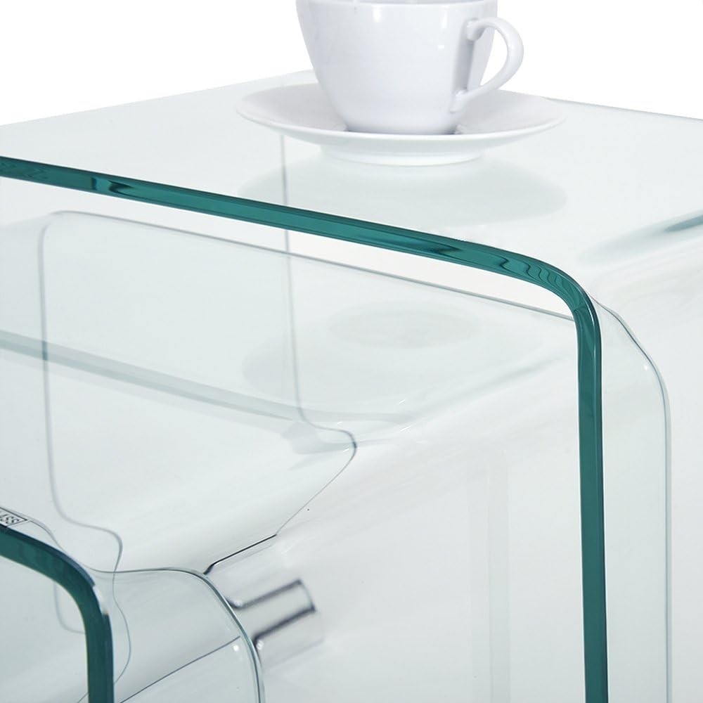 Nest of 3 Clear Glass Coffee Side End Tables Modern Space Saving Set