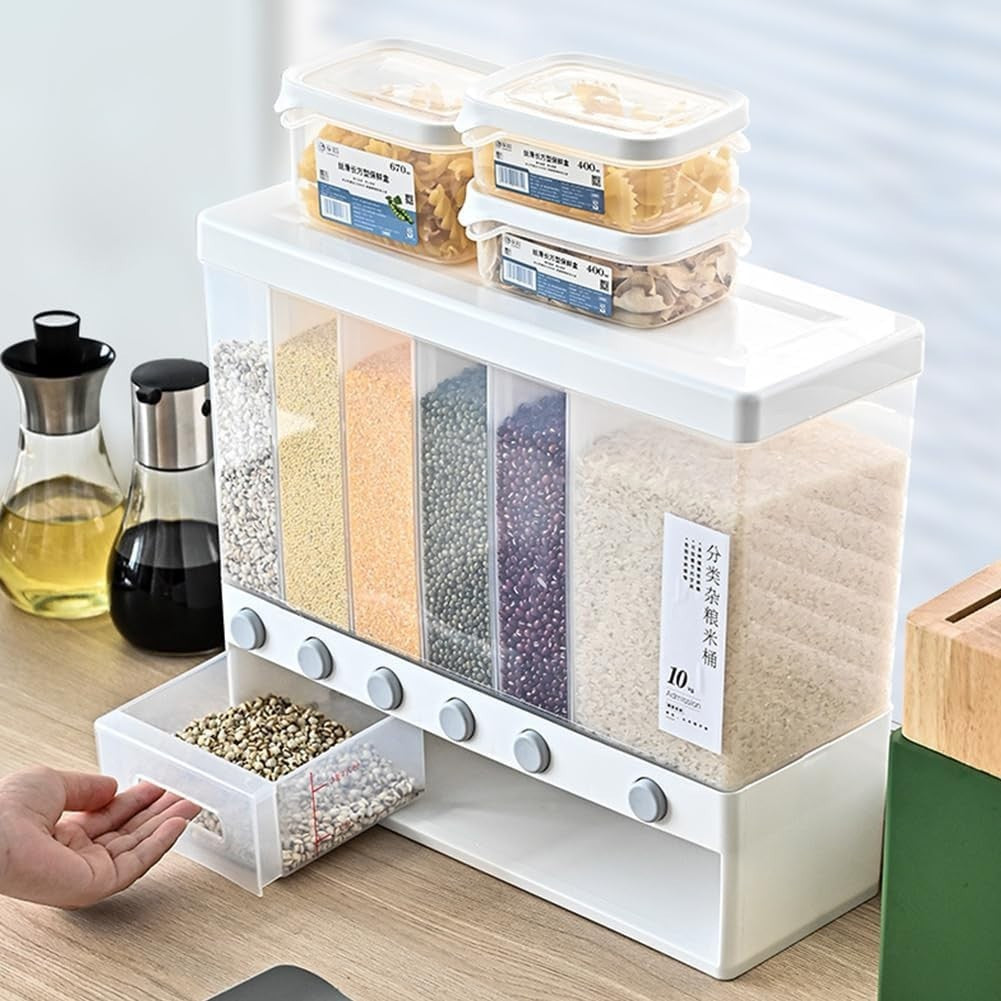 6 in 1 Wall Mounted Rice Dispenser 10KG Airtight Grain Storage Bin