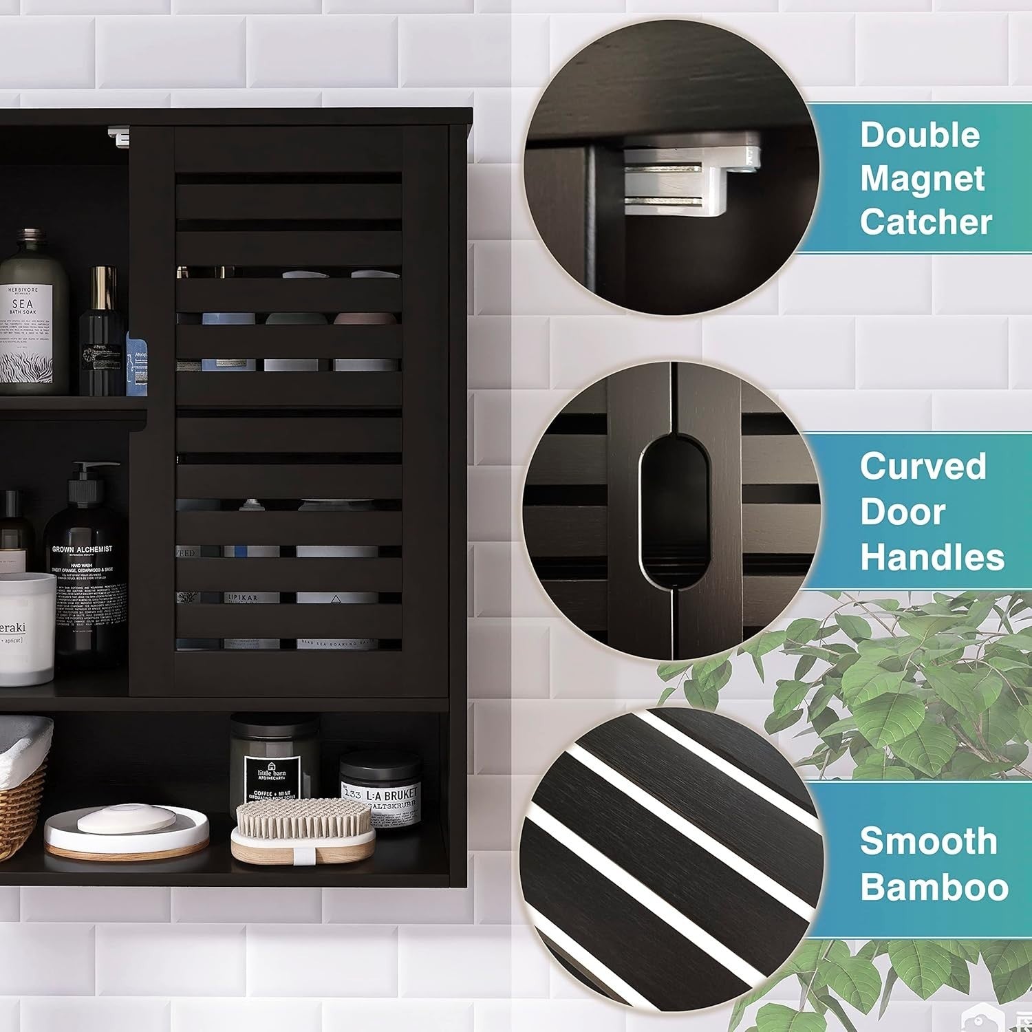 Black Bathroom Wall Cabinet – Over Toilet Storage, 2 Doors, Adjustable Shelves