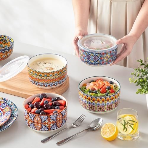 36oz Ceramic Bowls with Lids Set of 4 Bohemian Meal Prep Storage