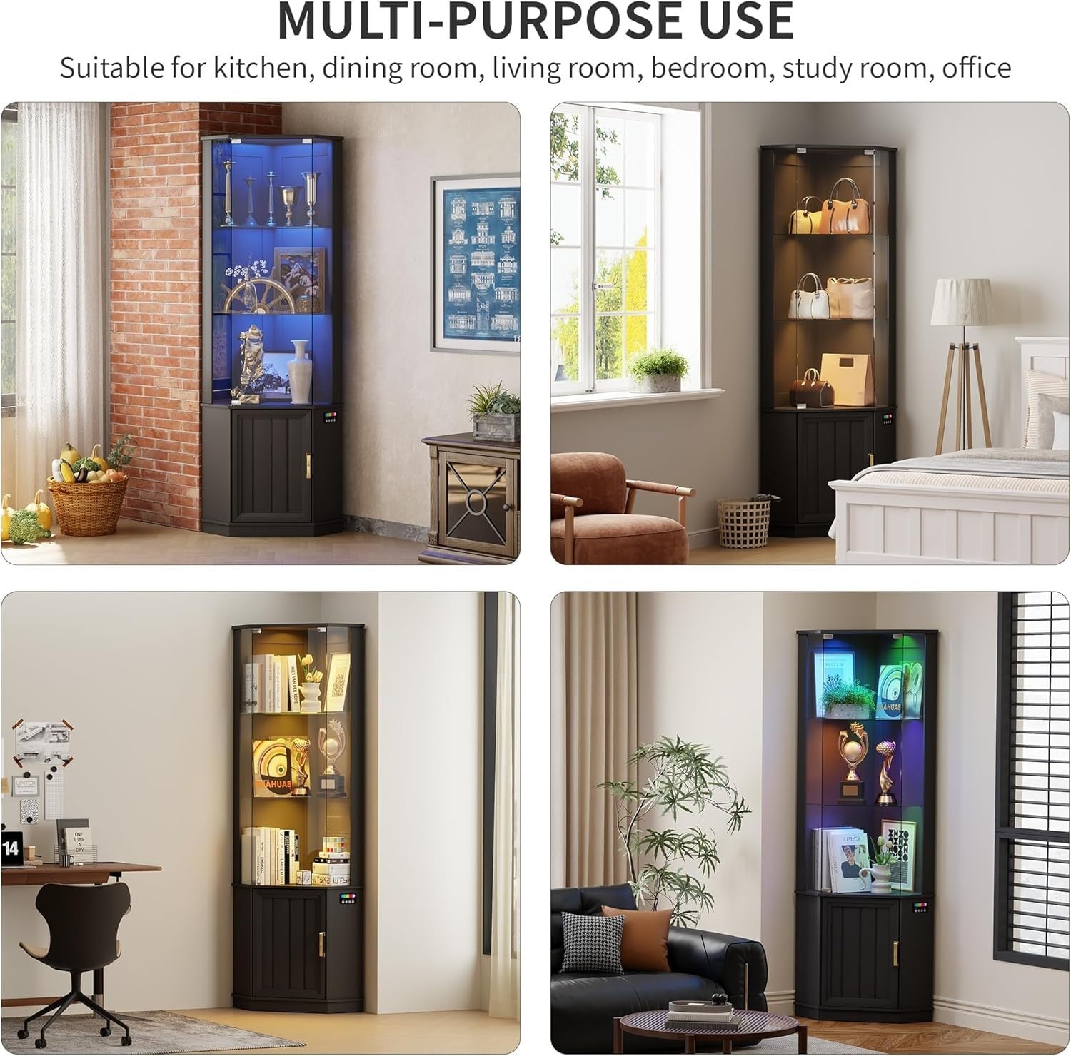 Corner Display Cabinet with RGB Lights, Glass Shelves & Motion Sensor