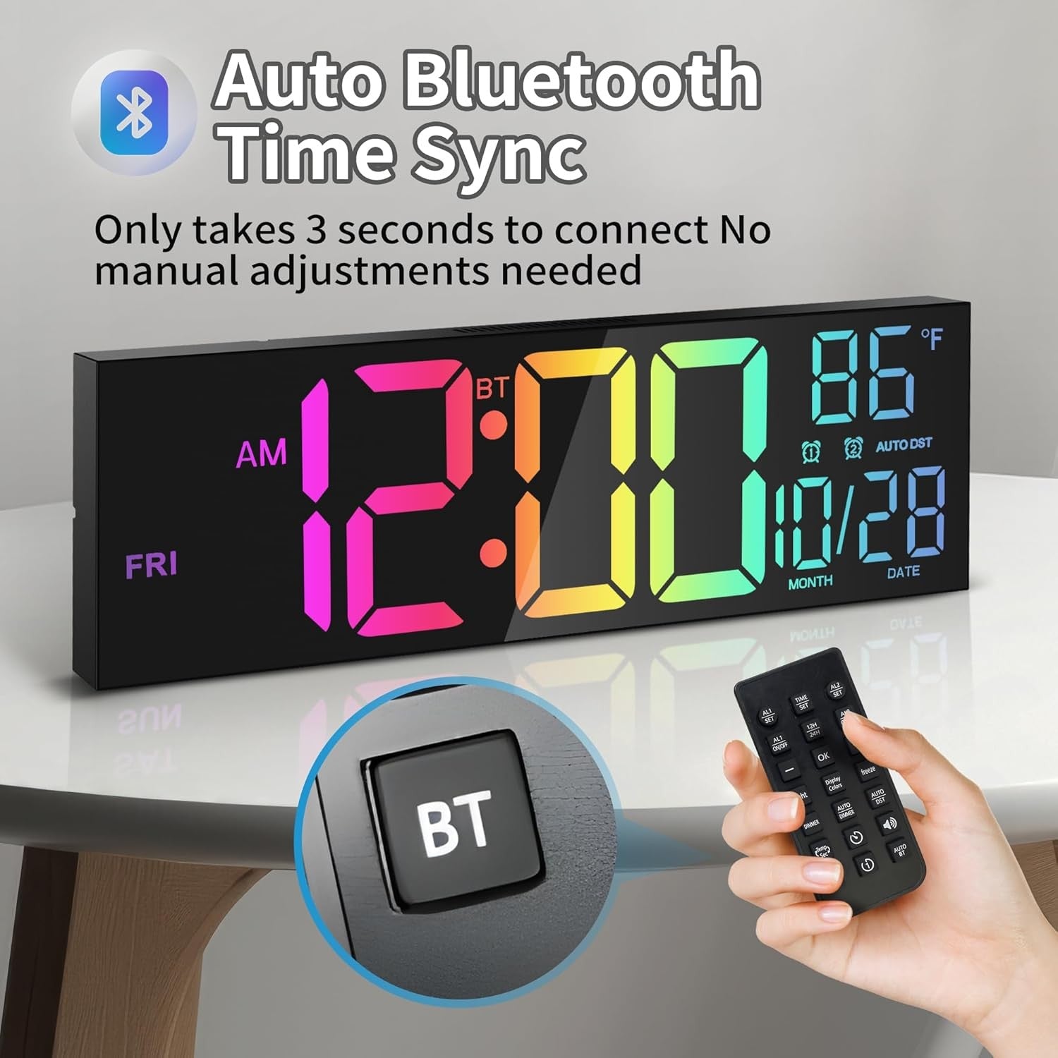 16.5" Large Digital Wall Clock RGB LED Display Temp Date Alarms Remote Sync