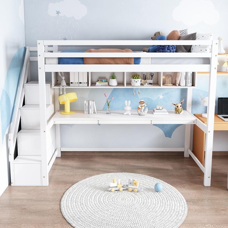 Kids Loft Bunk Bed with Desk Shelves Storage Stairs 3FT Pine Wood 90x190 White