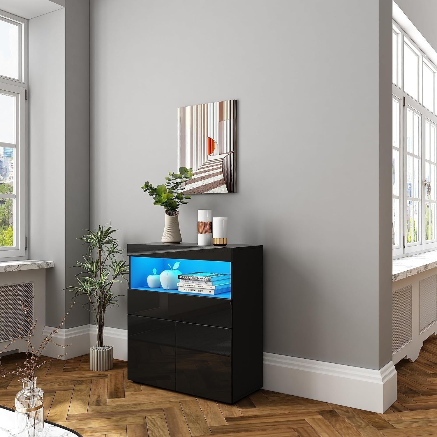 Black High Gloss Sideboard Cabinet with LED Lights, Storage & Lockable Doors