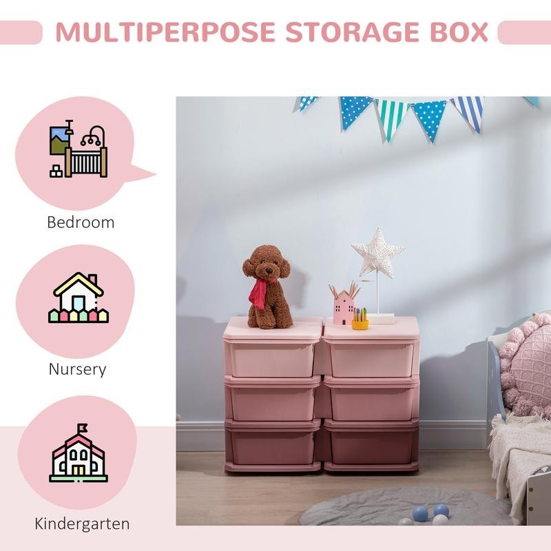 Kids Toy Storage Tower with 6 Drawers – Pink Plastic Chest Unit