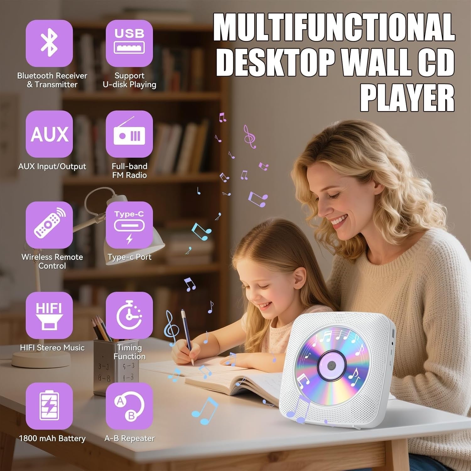 Desktop CD Player Bluetooth Speakers FM Radio USB AUX Remote White