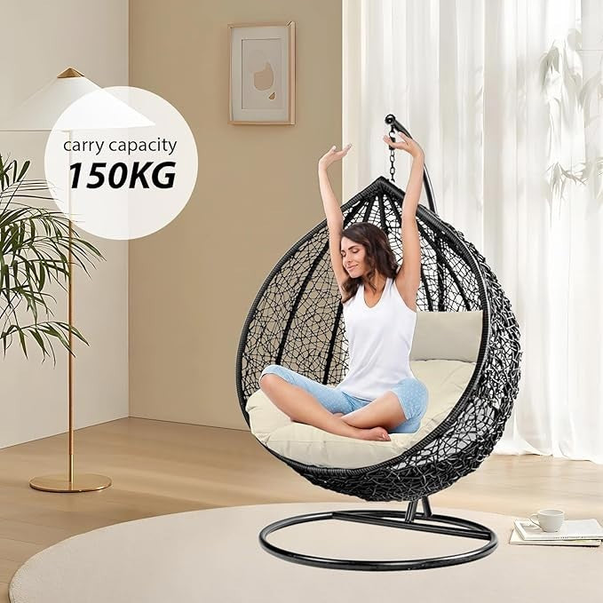 Hanging Egg Chair Outdoor Rattan Swing with Cushion & Steel Frame Garden Patio