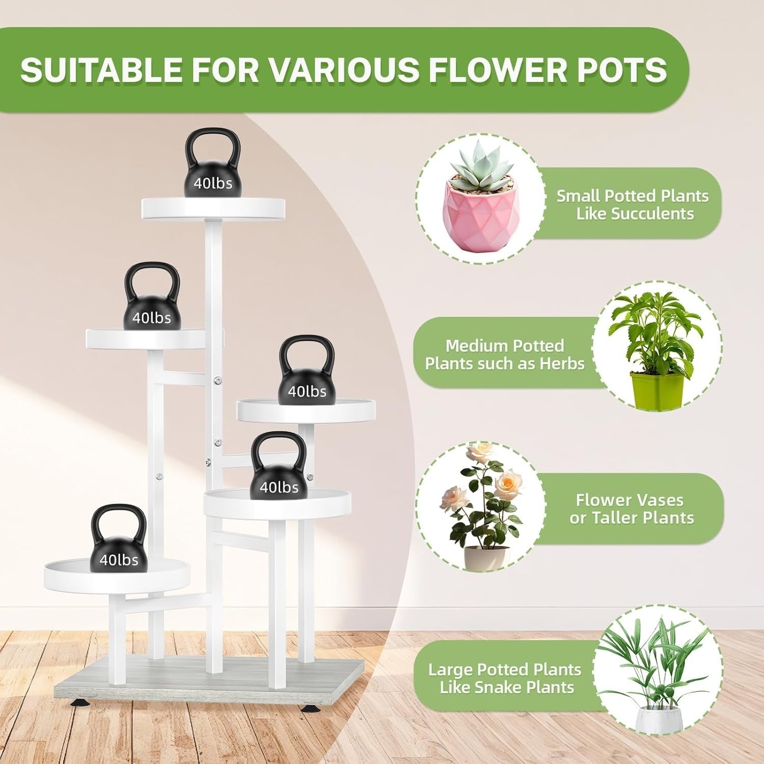 5-Tier White Metal & Wood Plant Stand, Tall Indoor Outdoor Flower Display Rack