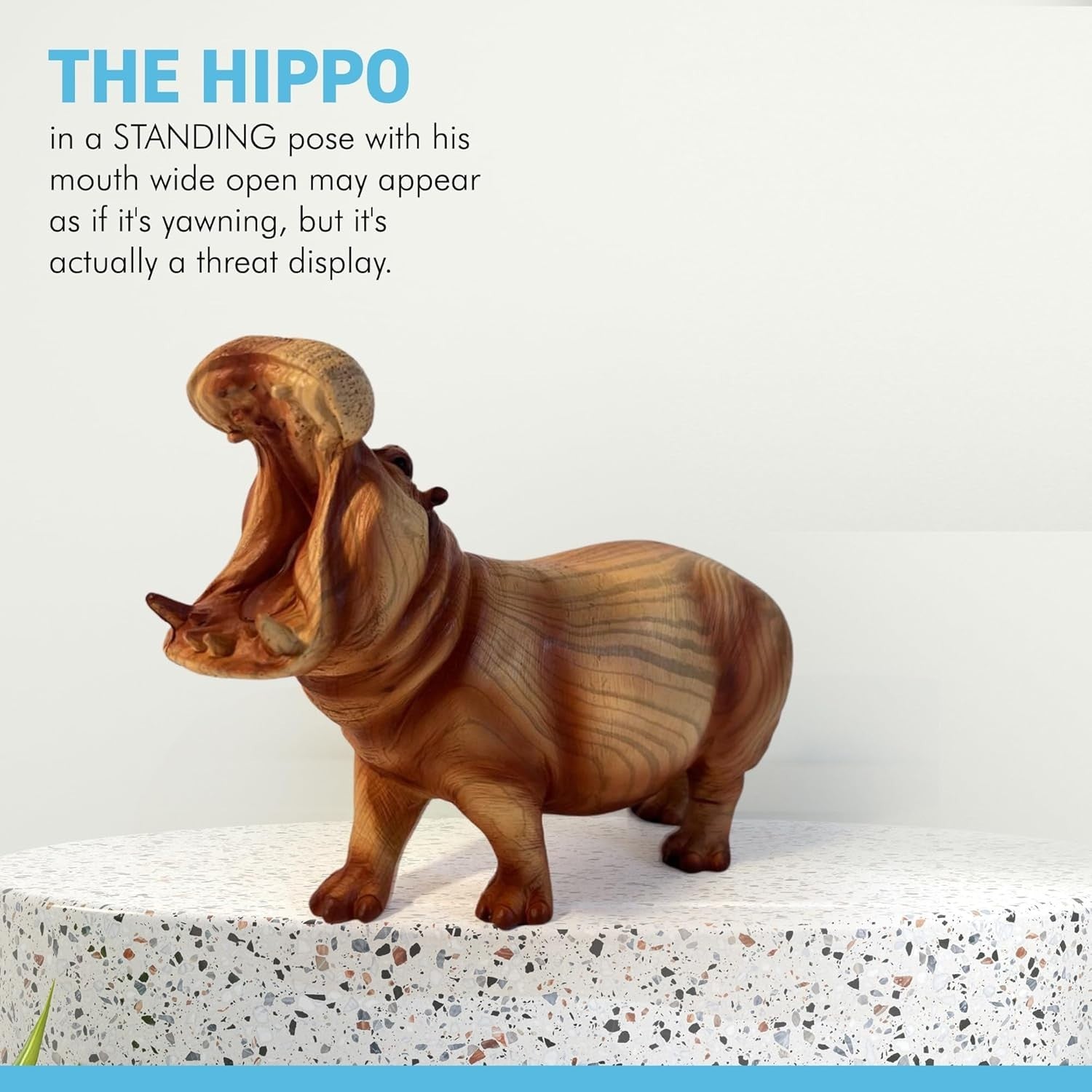 Wood-Effect Hippo Ornament 22cm | Open-Mouth Wildlife Sculpture | Rustic Animal