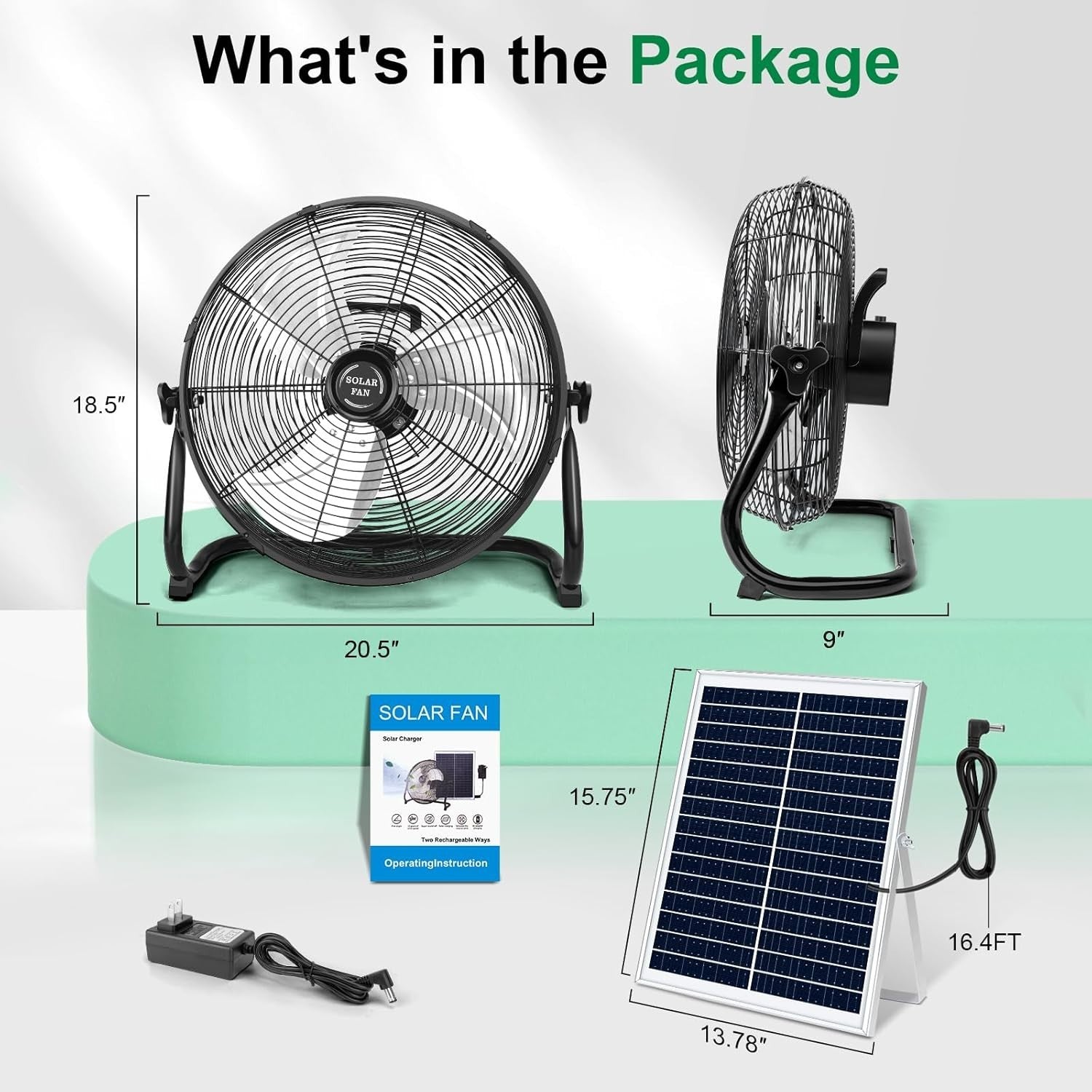 16-Inch Solar Floor Fan – 30W Panel 20,000mAh Rechargeable 18-Speed Cooling Tilt