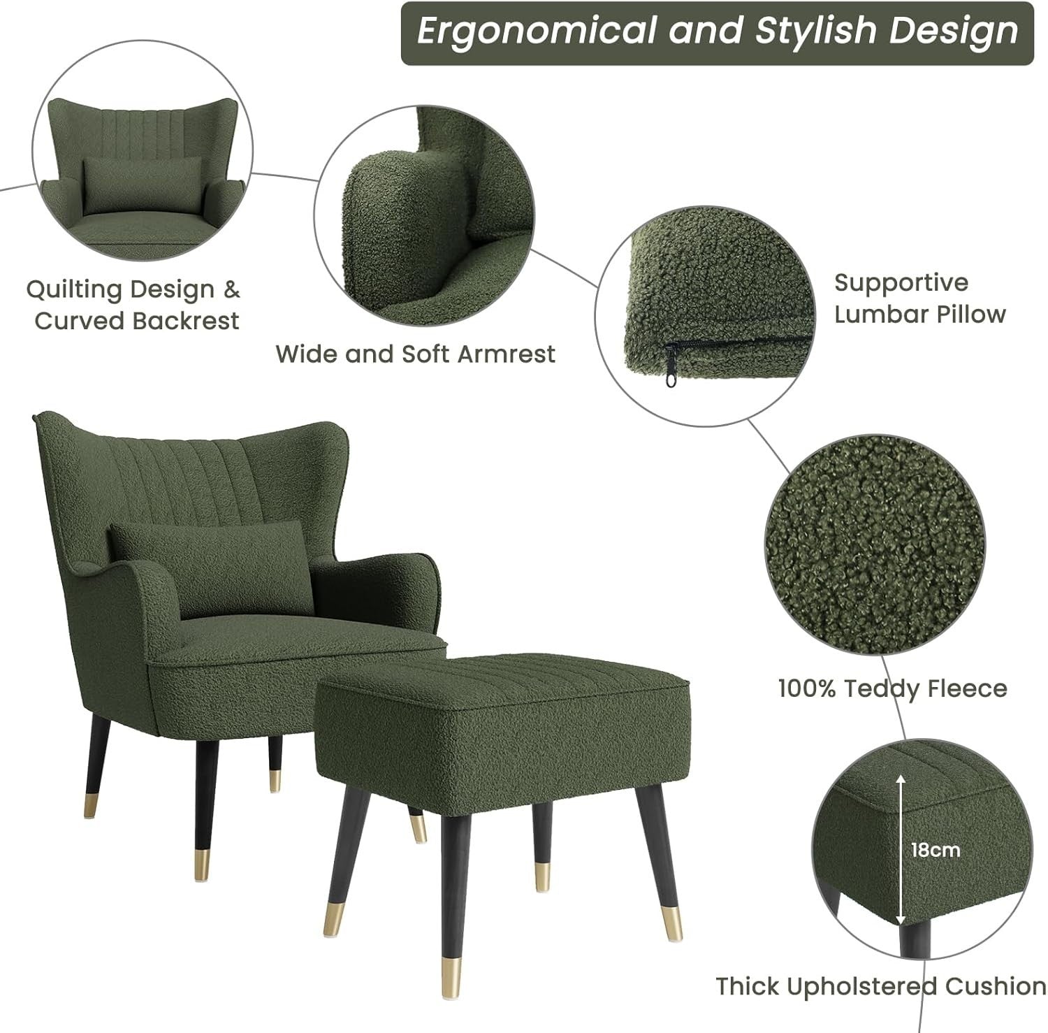 Teddy Fleece Armchair with Footstool, Lounge Chair for Bedroom Office