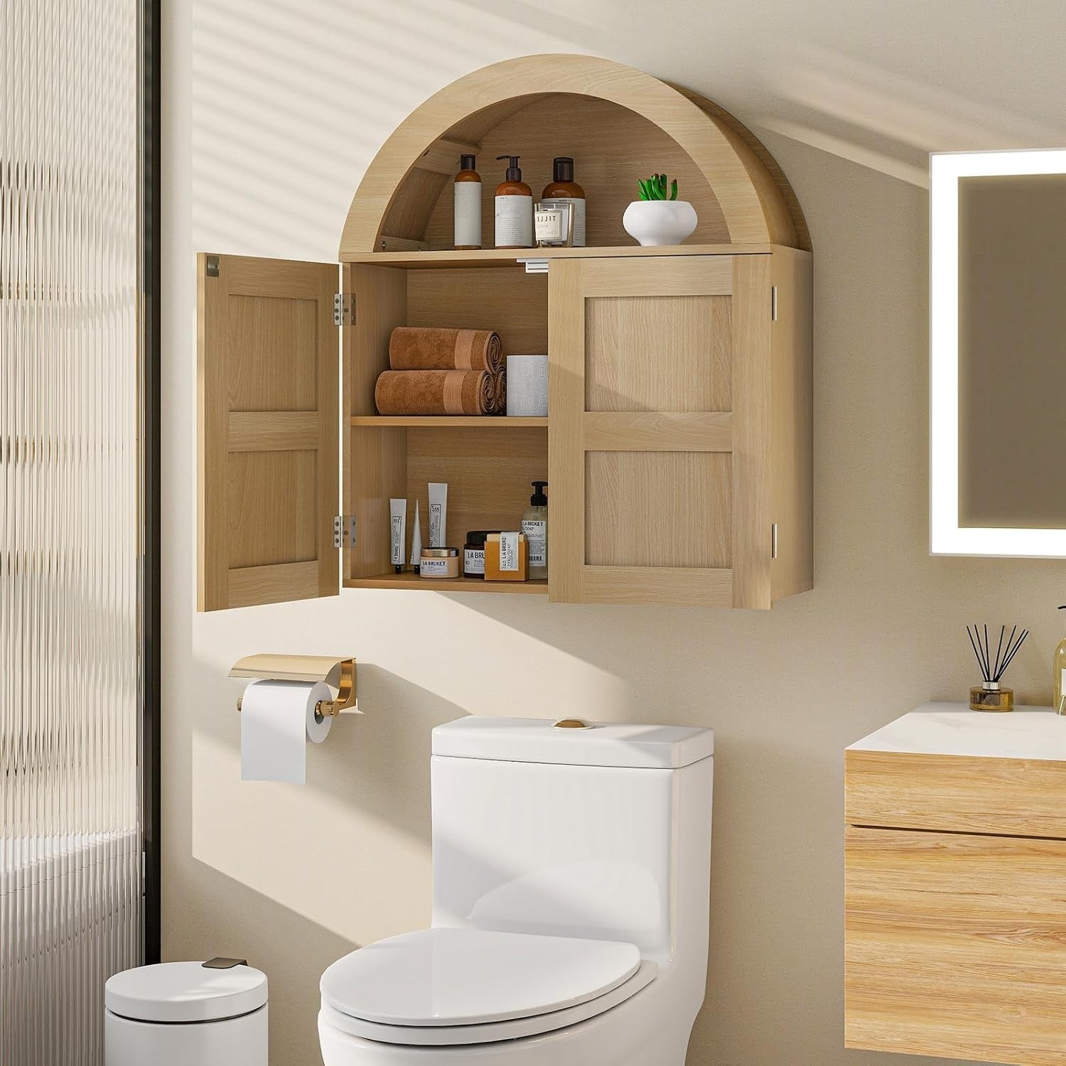 Natural Wood Wall Cabinet Bathroom Storage Cupboard with Double Doors
