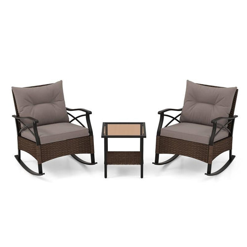 3PC Rattan Rocking Chair Set with Cushions & Glass Table for Garden Patio