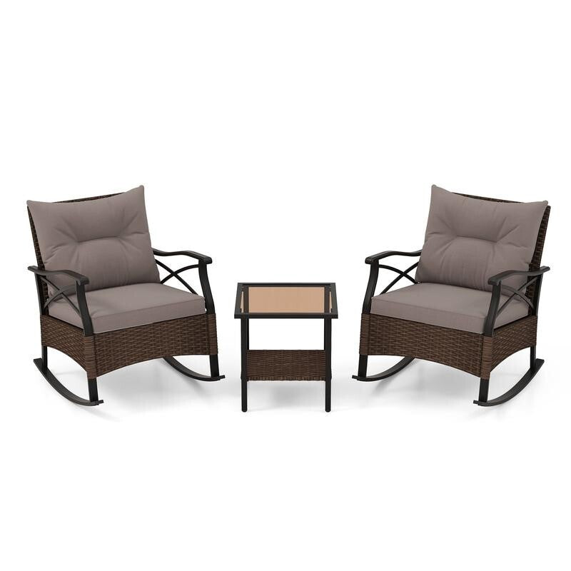 3PC Rattan Rocking Chair Set with Cushions & Glass Table for Garden Patio
