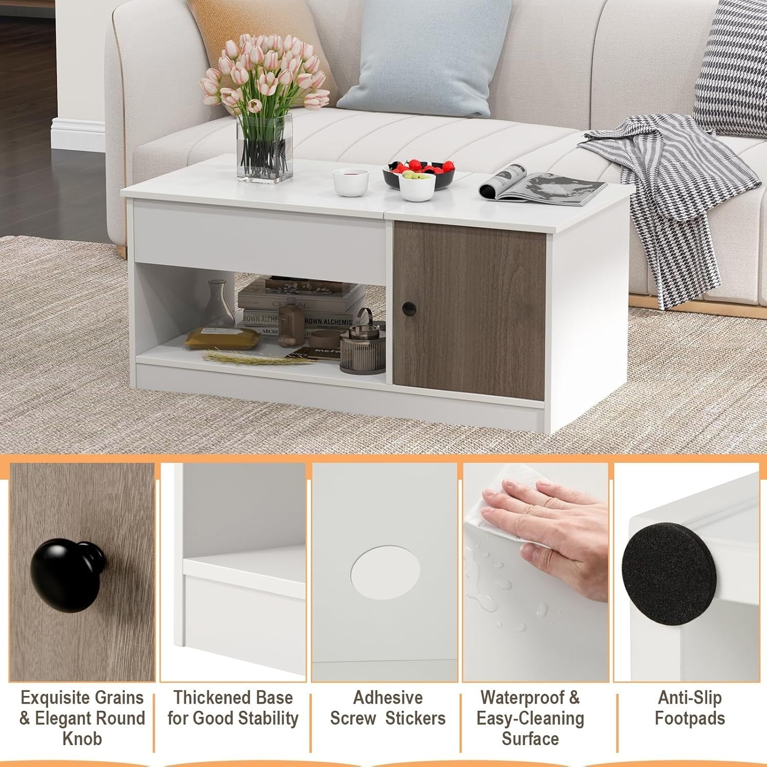 Lift-Top Coffee Table with Storage, Adjustable Height & Hidden Compartments
