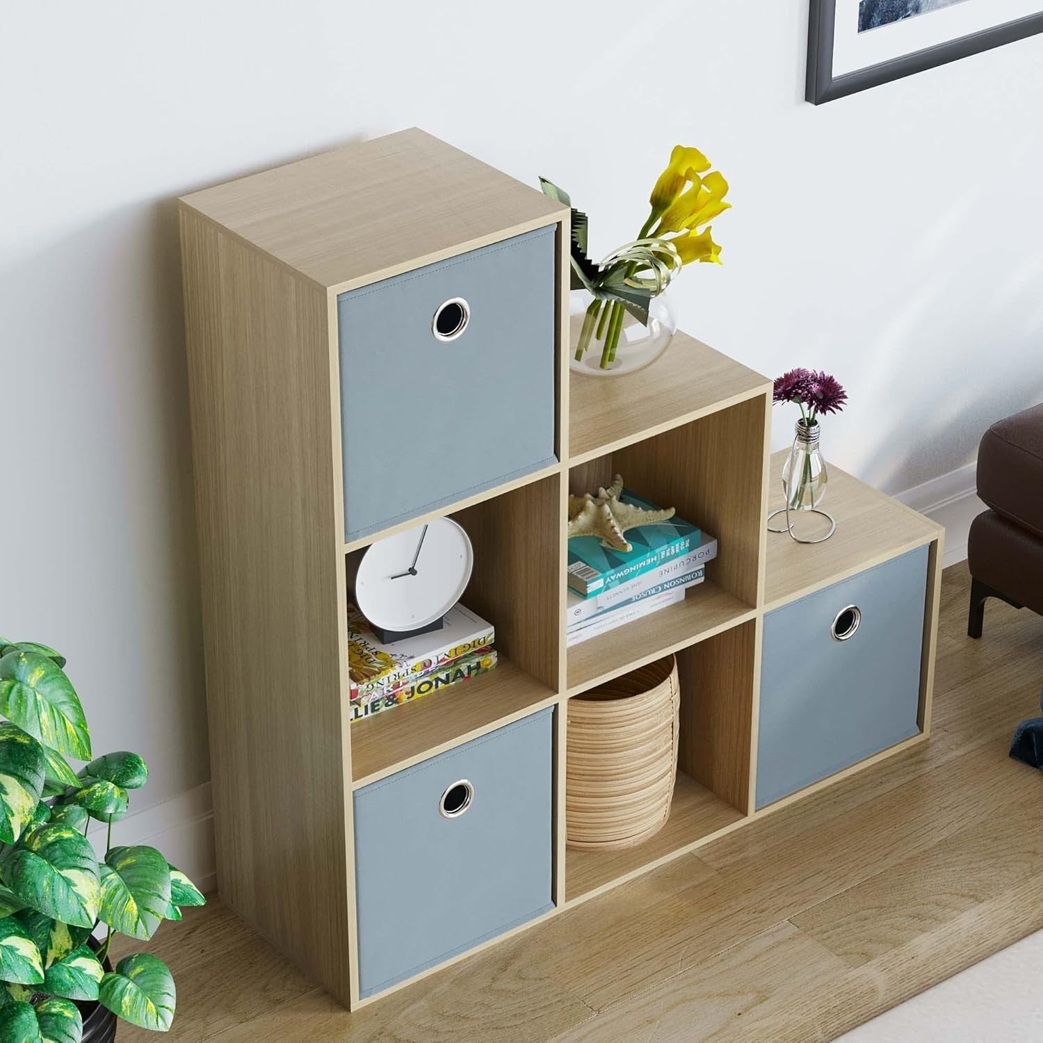 Oak 6 Cube Staircase Bookcase with 3 Grey Storage Baskets – Modern Shelving