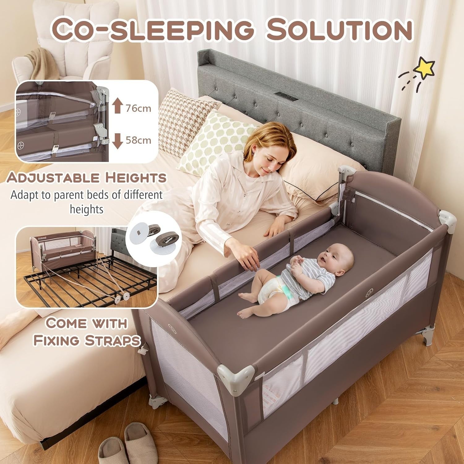 5in1 Baby Travel Cot Foldable Crib with Mattress Basket Changer & Storage Brown