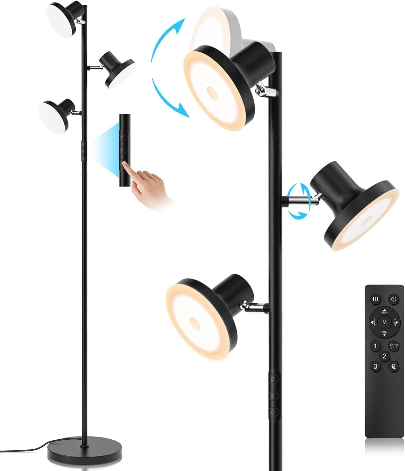36W LED Tree Floor Lamp Black Dimmable Remote Touch 3 Head Modern Light