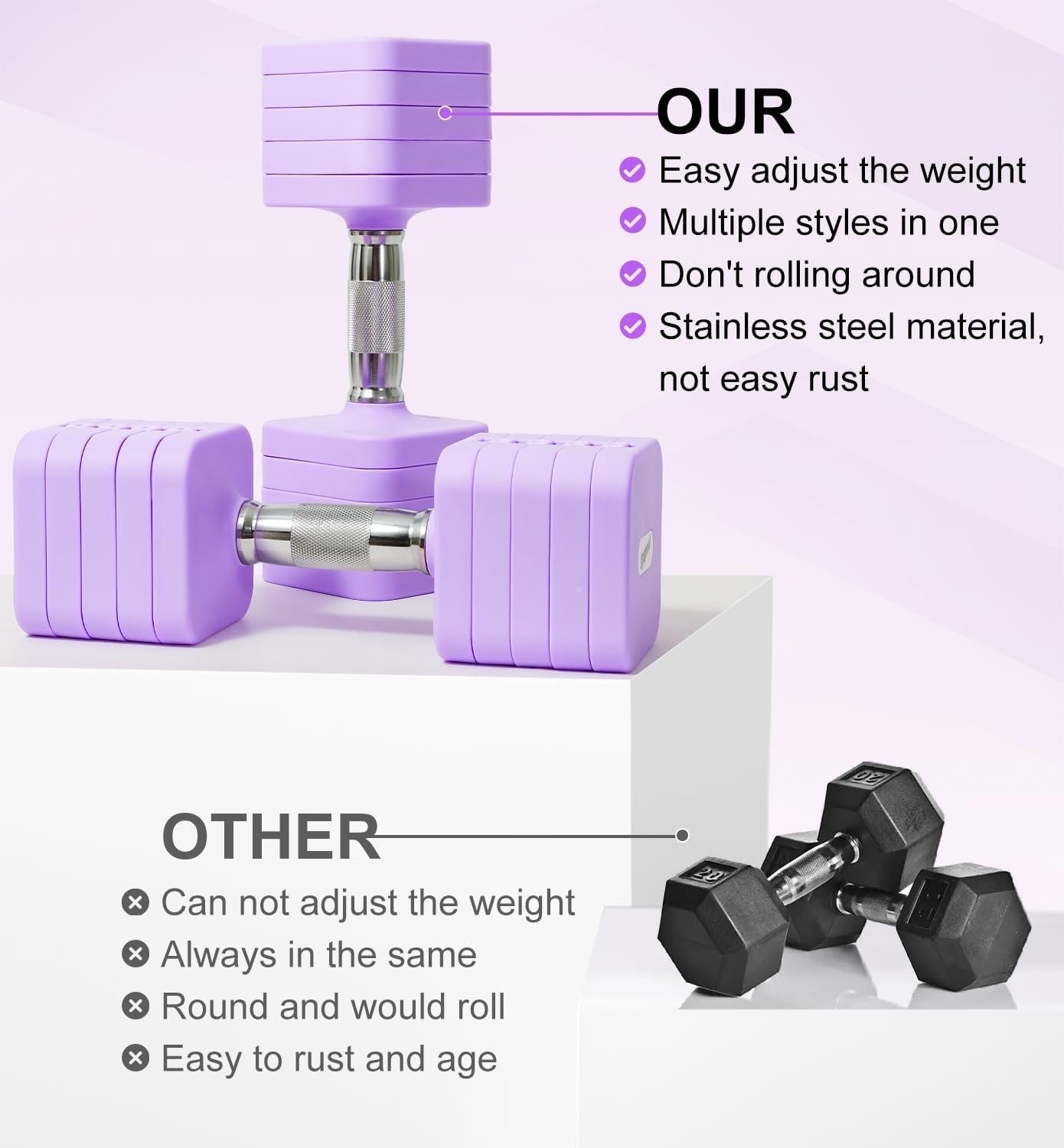 20LB Adjustable Dumbbells Pair 4-in-1 Anti-Roll Purple Home Fitness