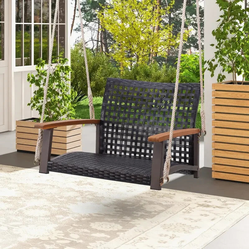 Rattan Porch Swing 2-Seater Acacia Armrests Outdoor Hanging Chair 180 kg