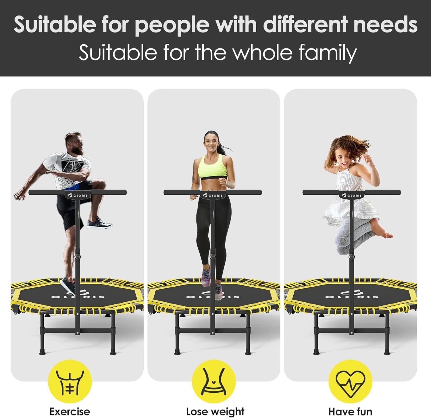 48” Folding Fitness Trampoline Rebounder w Adjustable Handle 450lbs