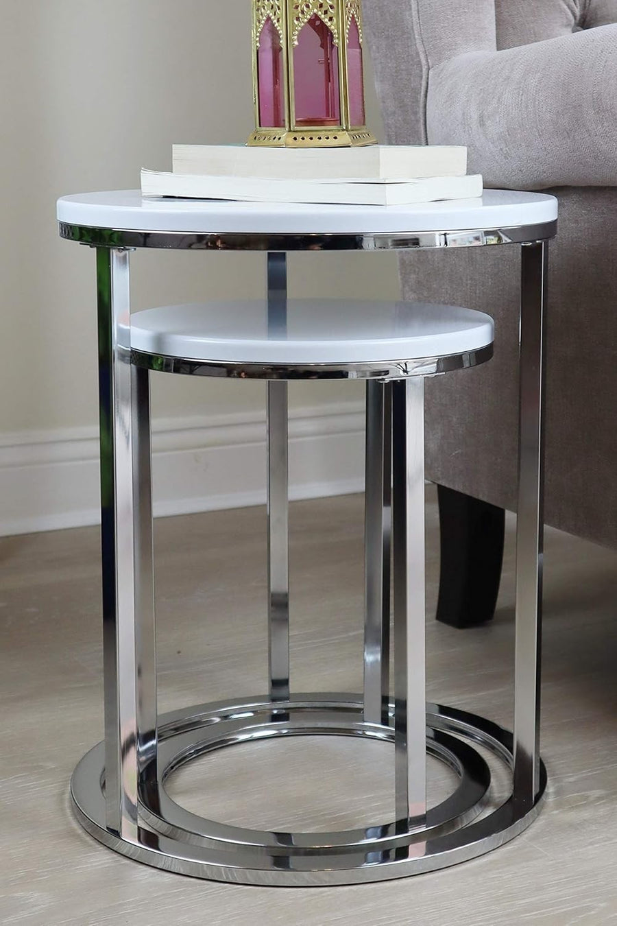 Space Saving Nesting Coffee Tables Set of 2 Round Side End Table White/Chrome