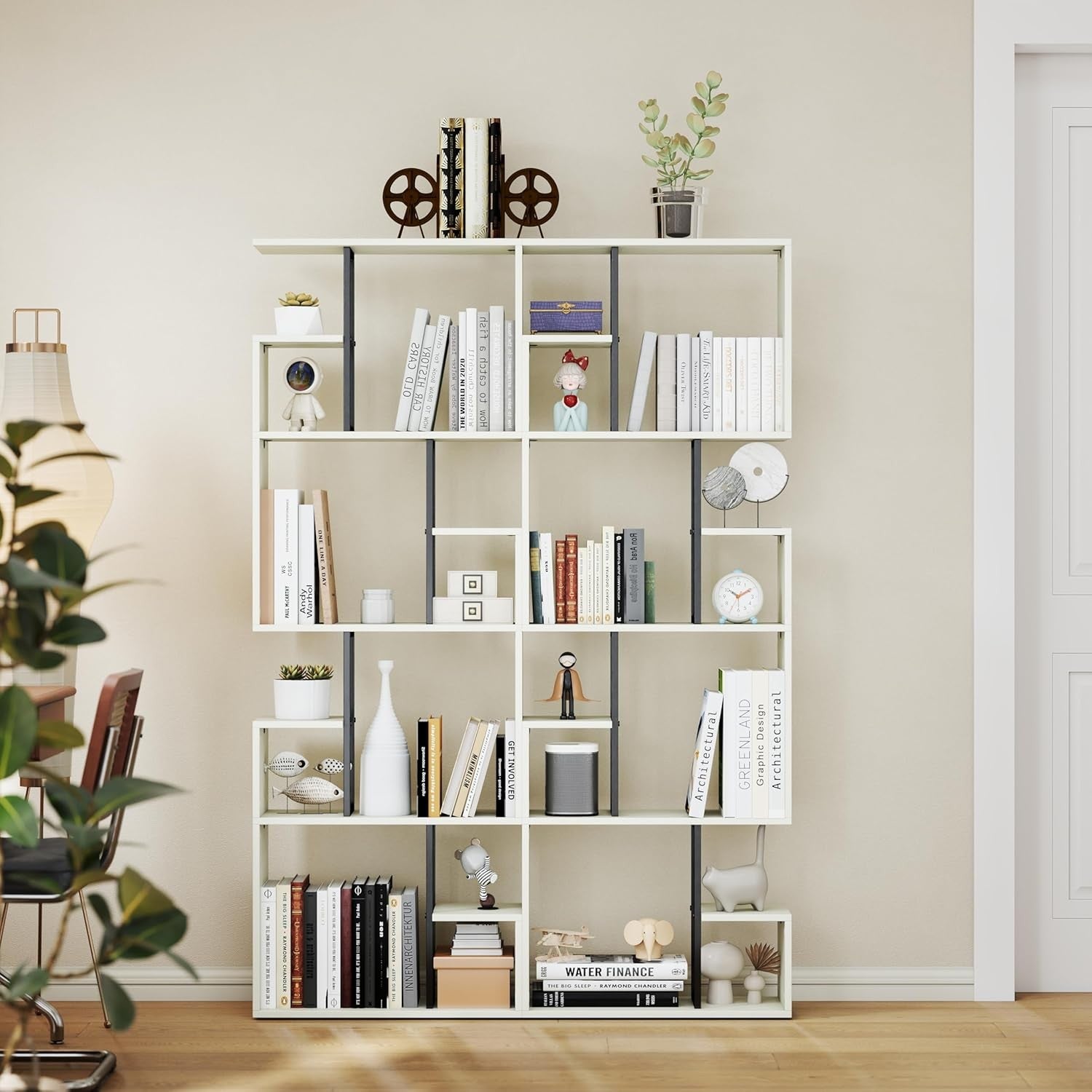 White 4-Tier Slim Bookcase Room Divider, Asymmetric Display Storage Shelf
