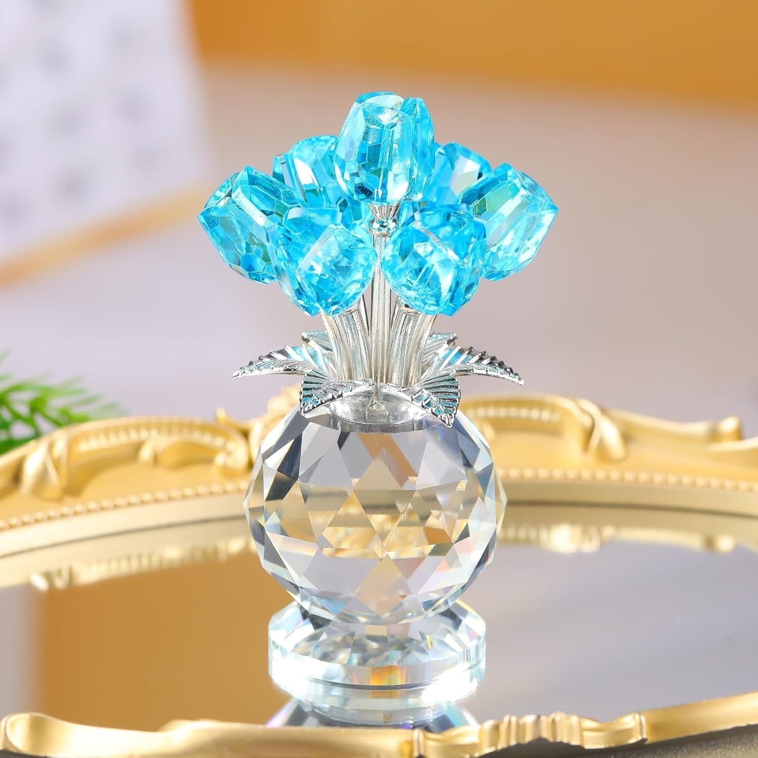 Light Blue Crystal Tulip Flowers Ornament – Luxury Glass Bouquet Gift for Her