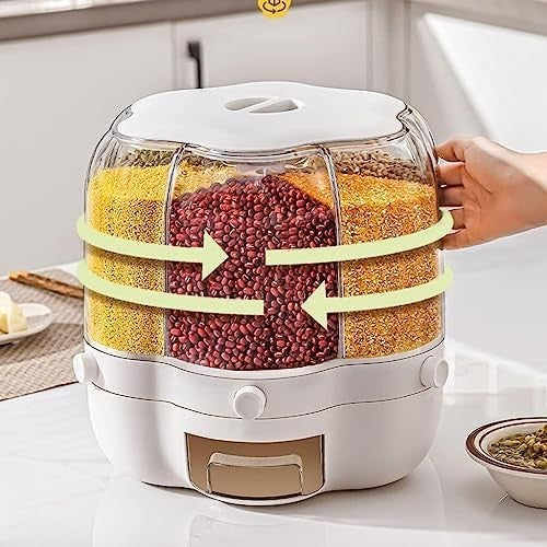 10KG 6 Grid Rotating Cereal Dispenser 360° Grain Storage Container