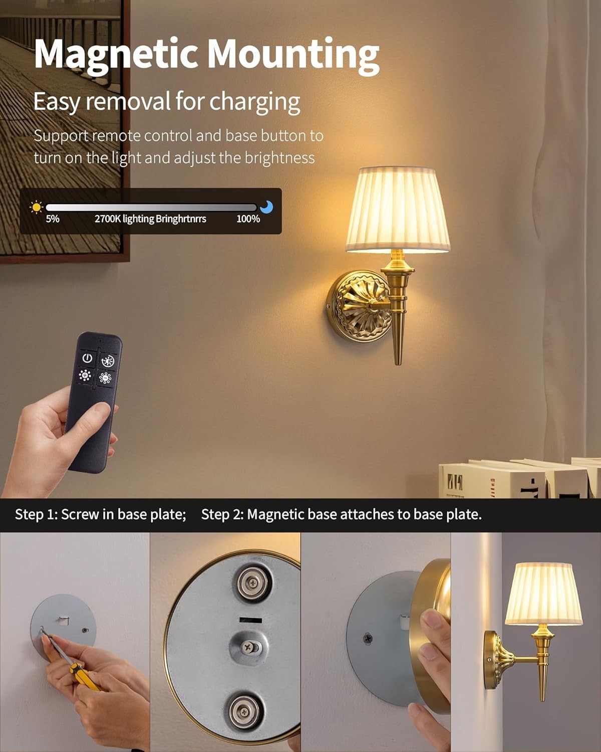 Cordless LED Wall Sconces with Fabric Shades, Dimmable, Rechargeable