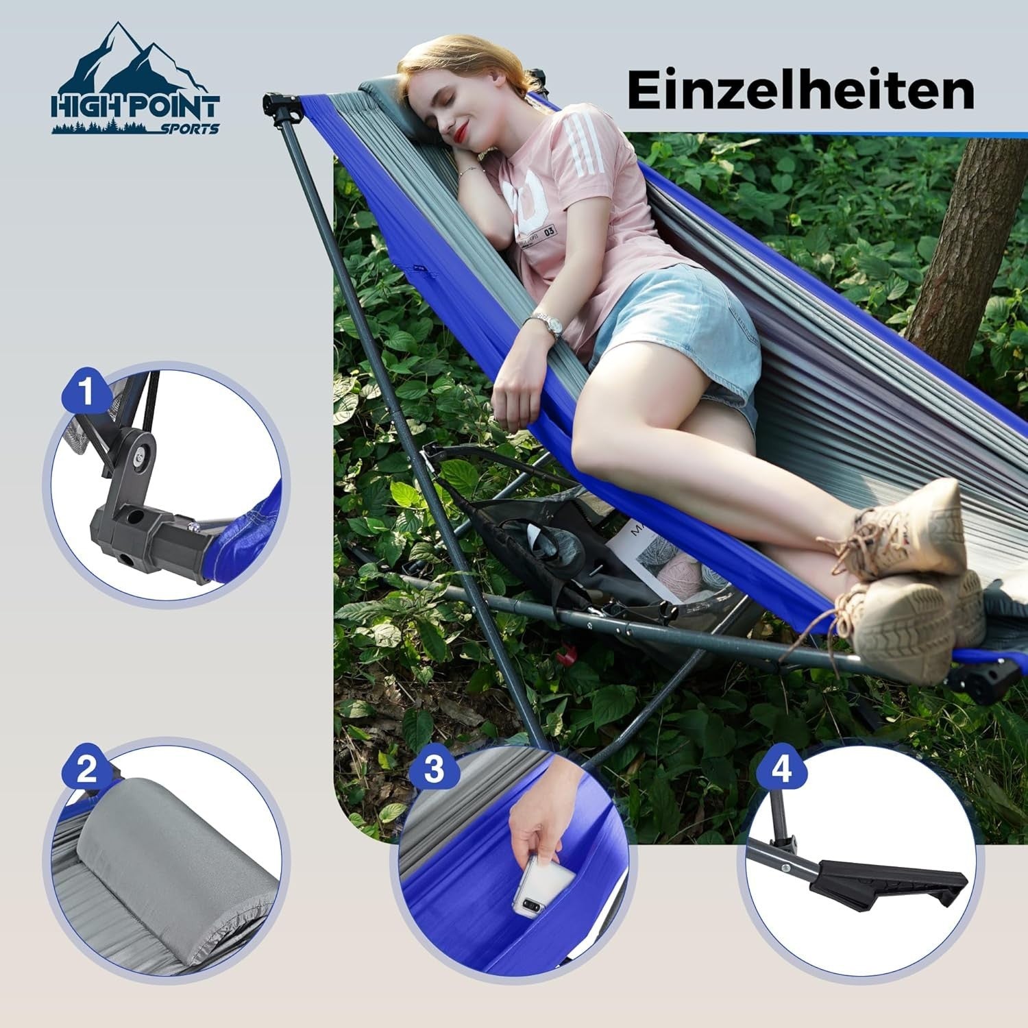 Blue Portable Hammock with Stand & Adjustable Canopy | 168x76cm Heavy-Duty