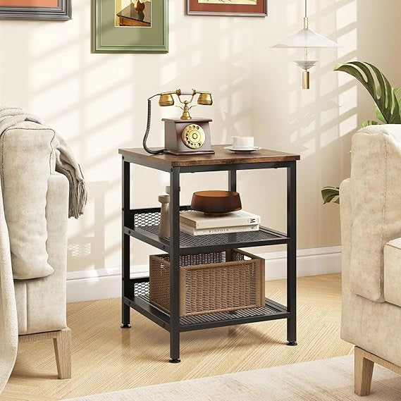 Industrial 3-Tier Side Table with Storage Shelves, Wood & Metal Nightstand