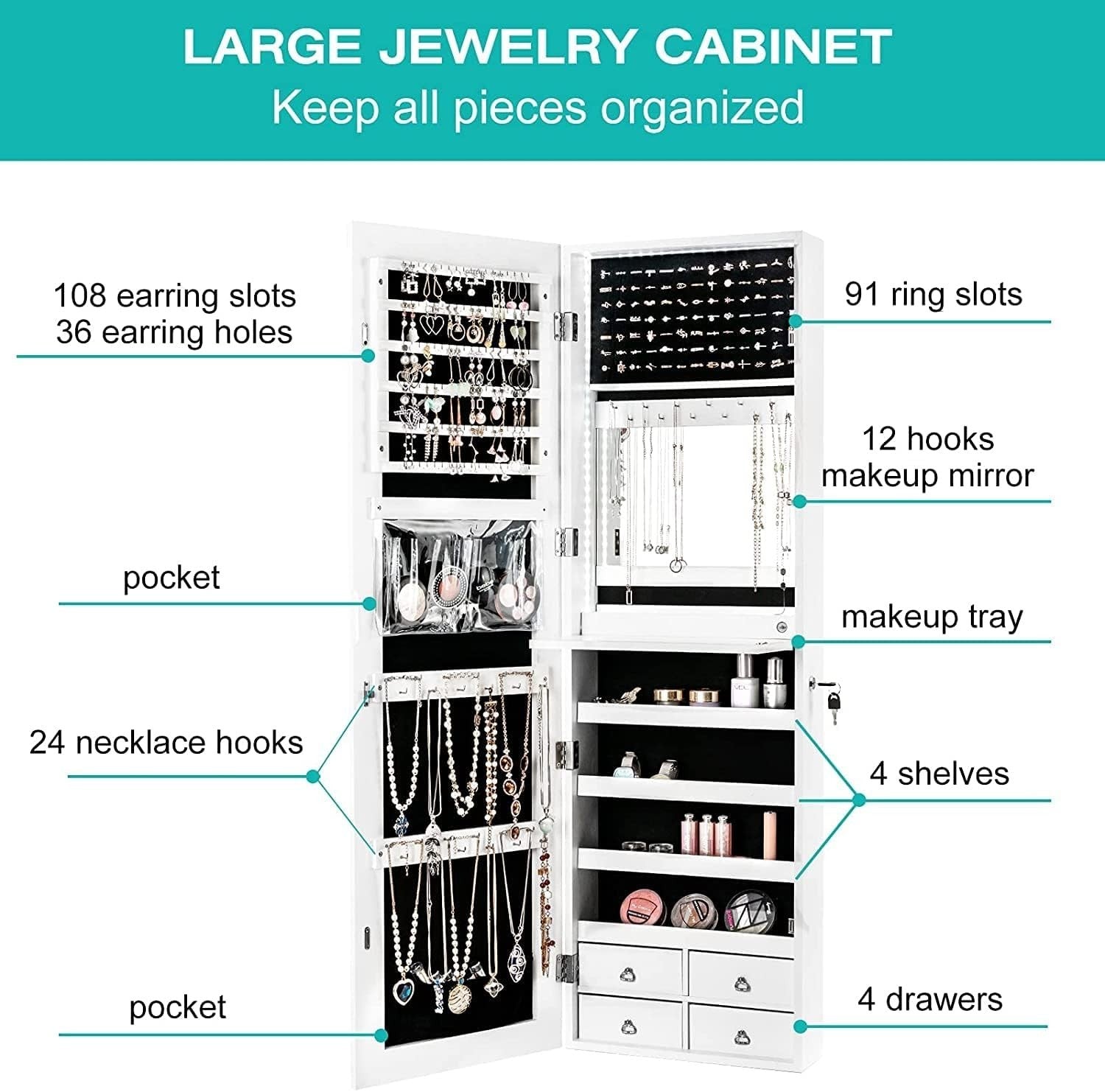White LED Jewelry Cabinet Wall Mounted Mirror Lockable Storage Organizer