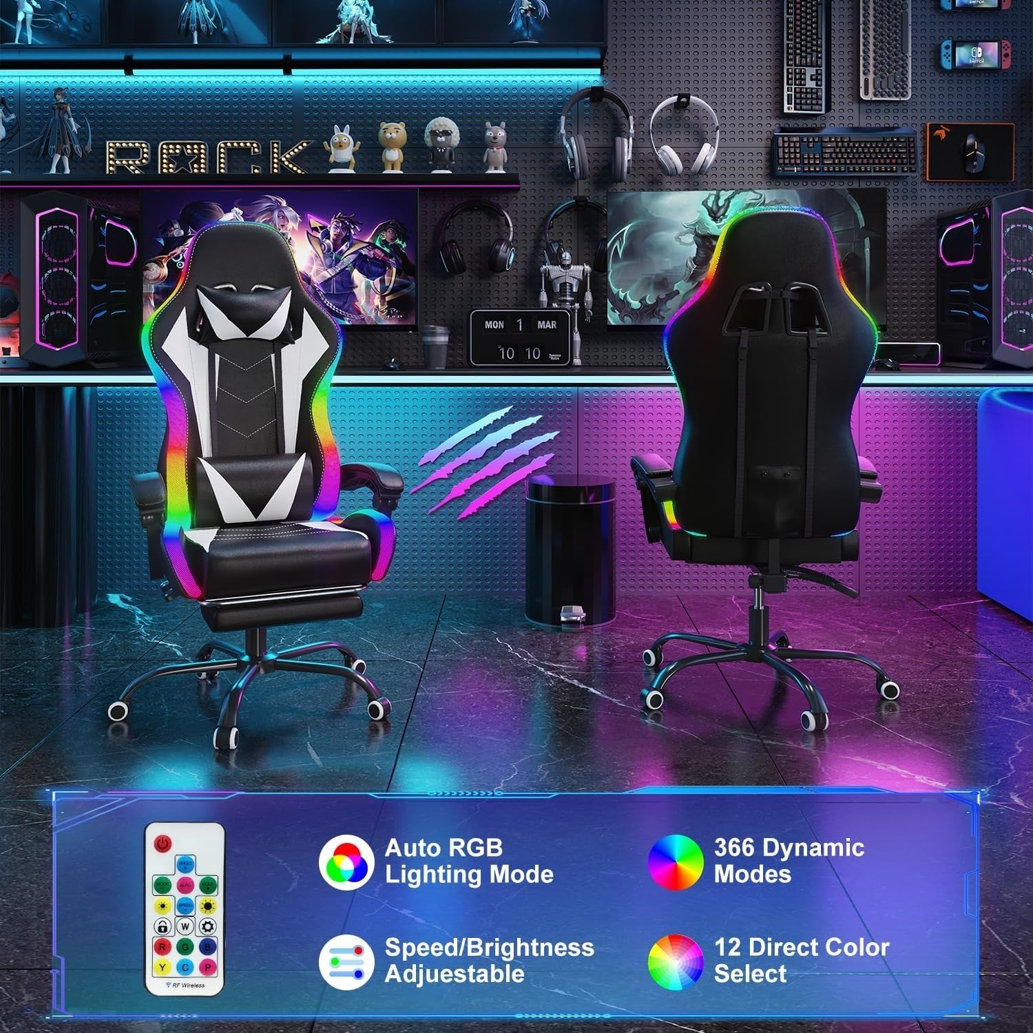 Gaming Chair Recliner w/Footrest, LED RGB Lights, Lumbar Massage, 30-Day Return