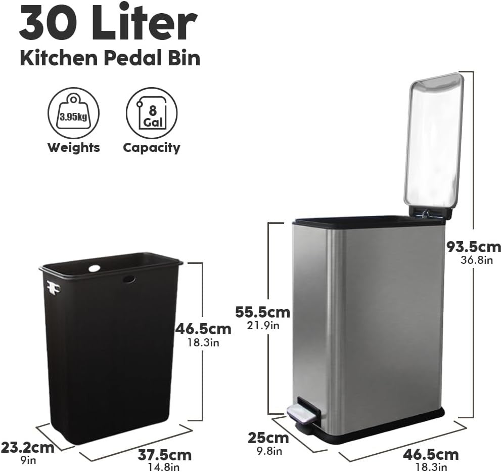 30L Stainless Steel Pedal Bin Slim Kitchen Trash Can Soft Close Grey