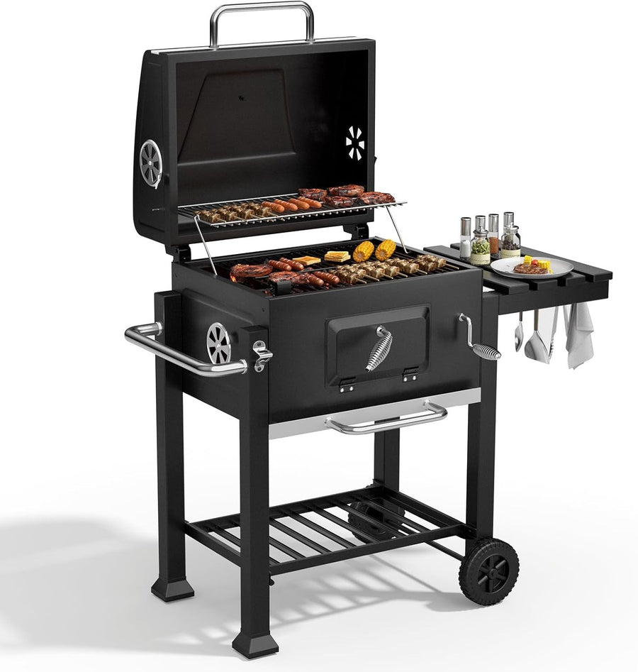 XL Charcoal BBQ Grill with Wheels, Side Table, Warming Rack & Thermometer