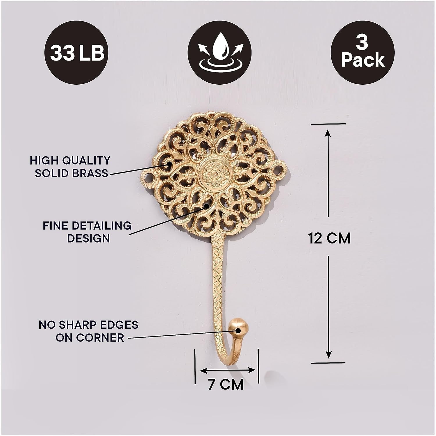 3pcs Boho Gold Brass Wall Hooks Vintage Coat Rack