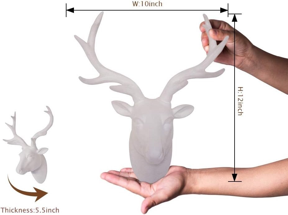 White Deer Head Wall Decor Faux Fur Resin Antler Mount Sculpture