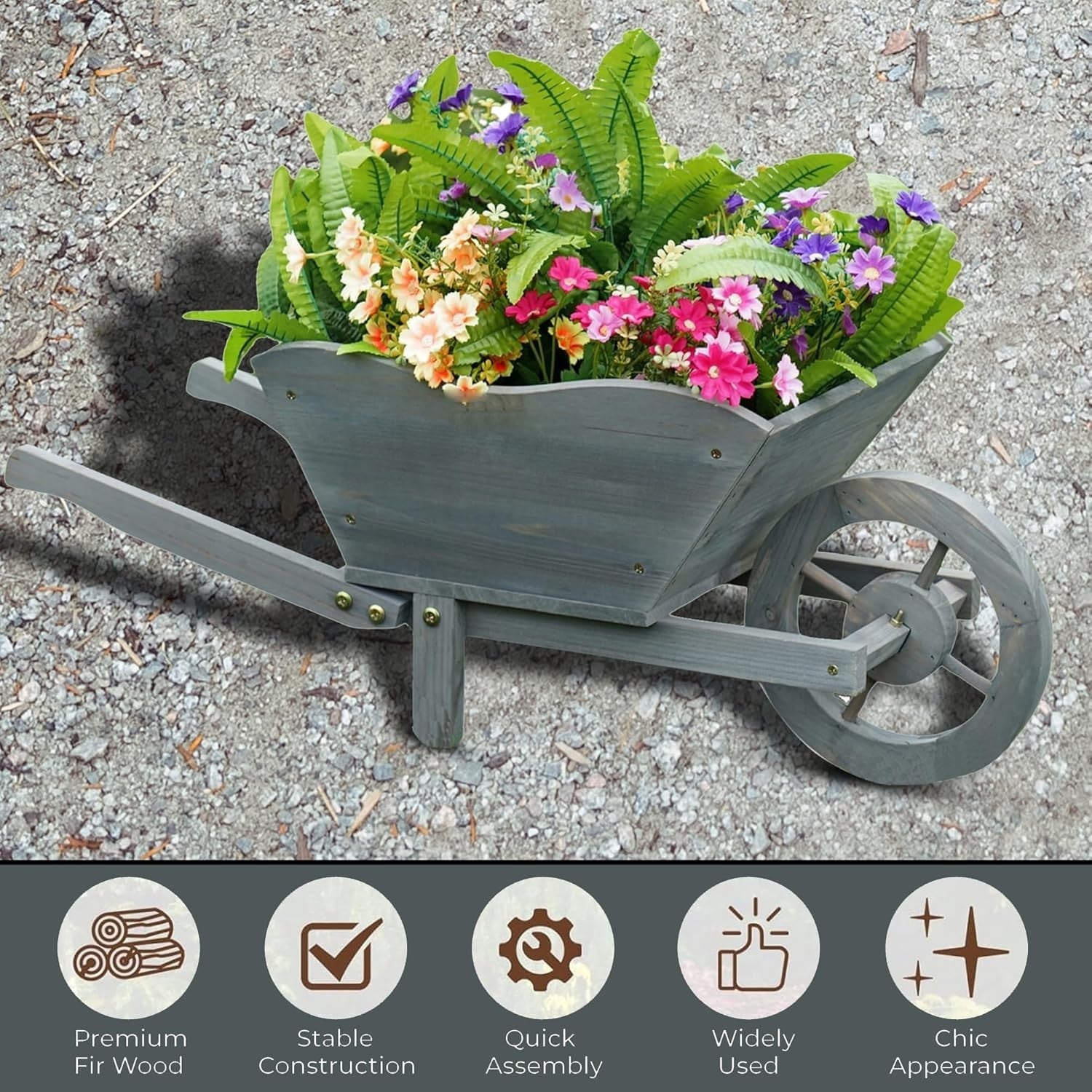 Large Wooden Garden Wheelbarrow Planter – Rustic Grey Design w/ Handles & Wheel