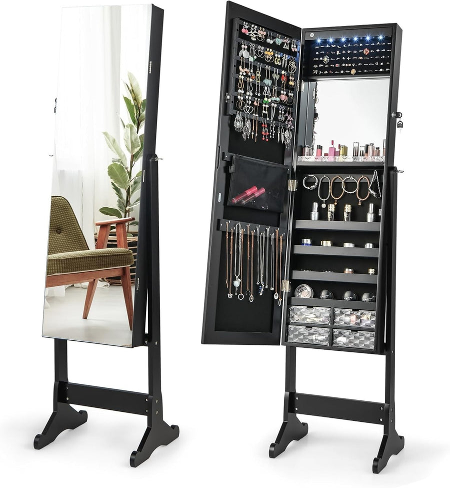 LED Lighted Jewelry Armoire Full Length Mirror Lockable Floor Organizer