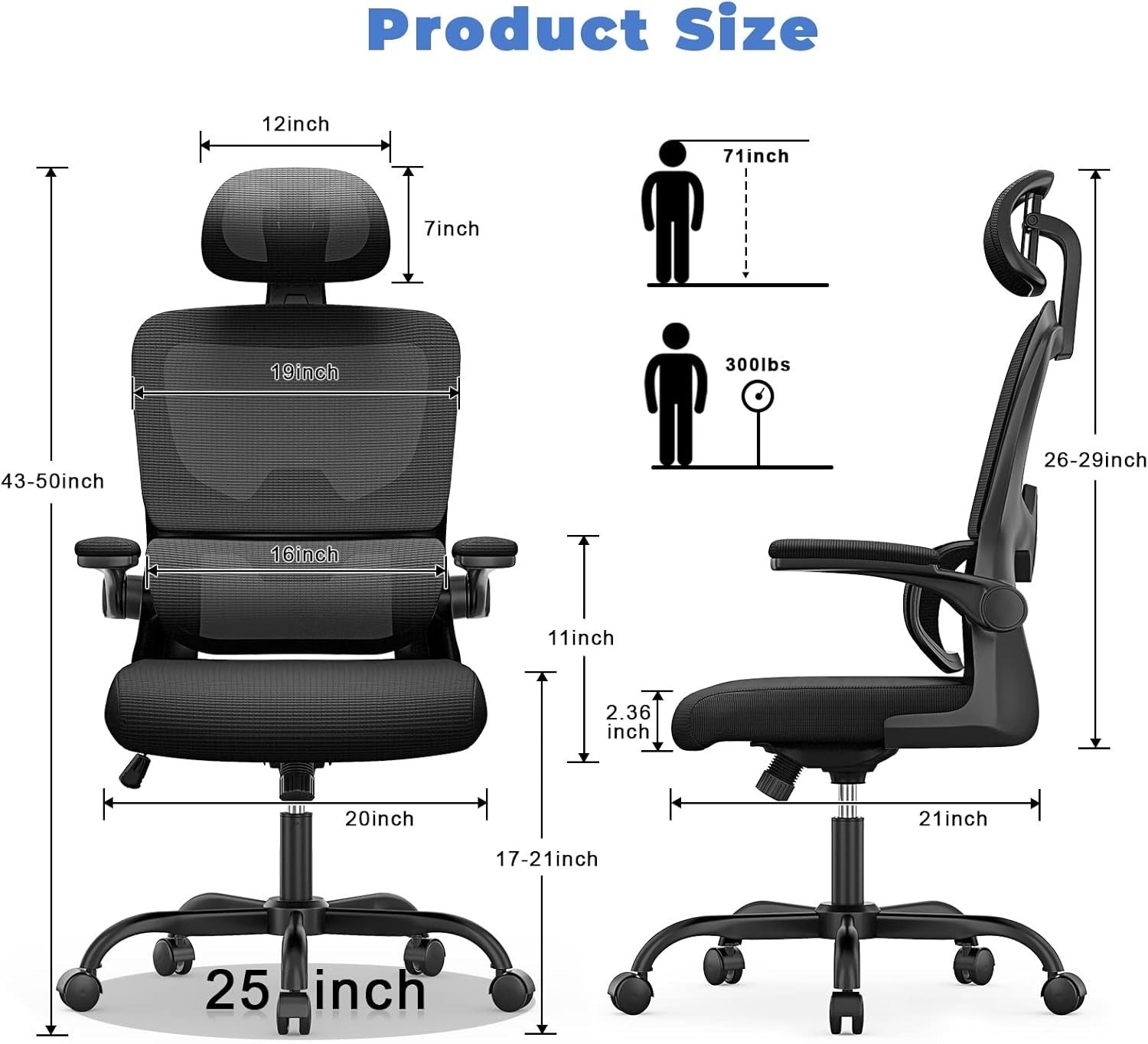 Ergonomic Mesh Office Chair, Adjustable Headrest & Backrest, Flip-up Arms, Cross