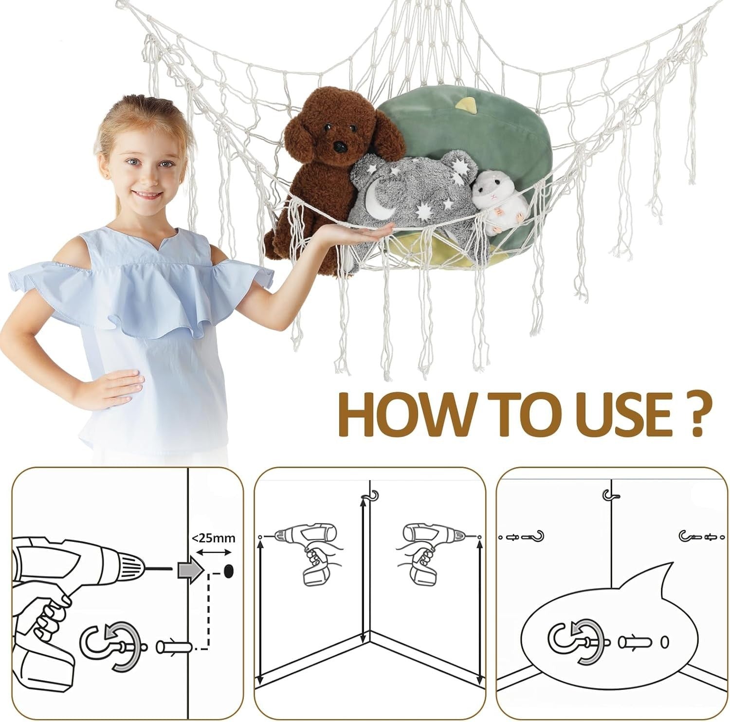 Macrame Teddy Hammock – Soft Toy Storage Net – Boho Nursery & Playroom Organizer