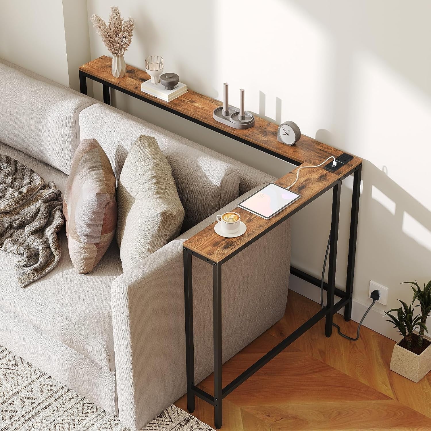 Slim L-Shaped Console Table with USB & Power Outlet – Space-Saving Design