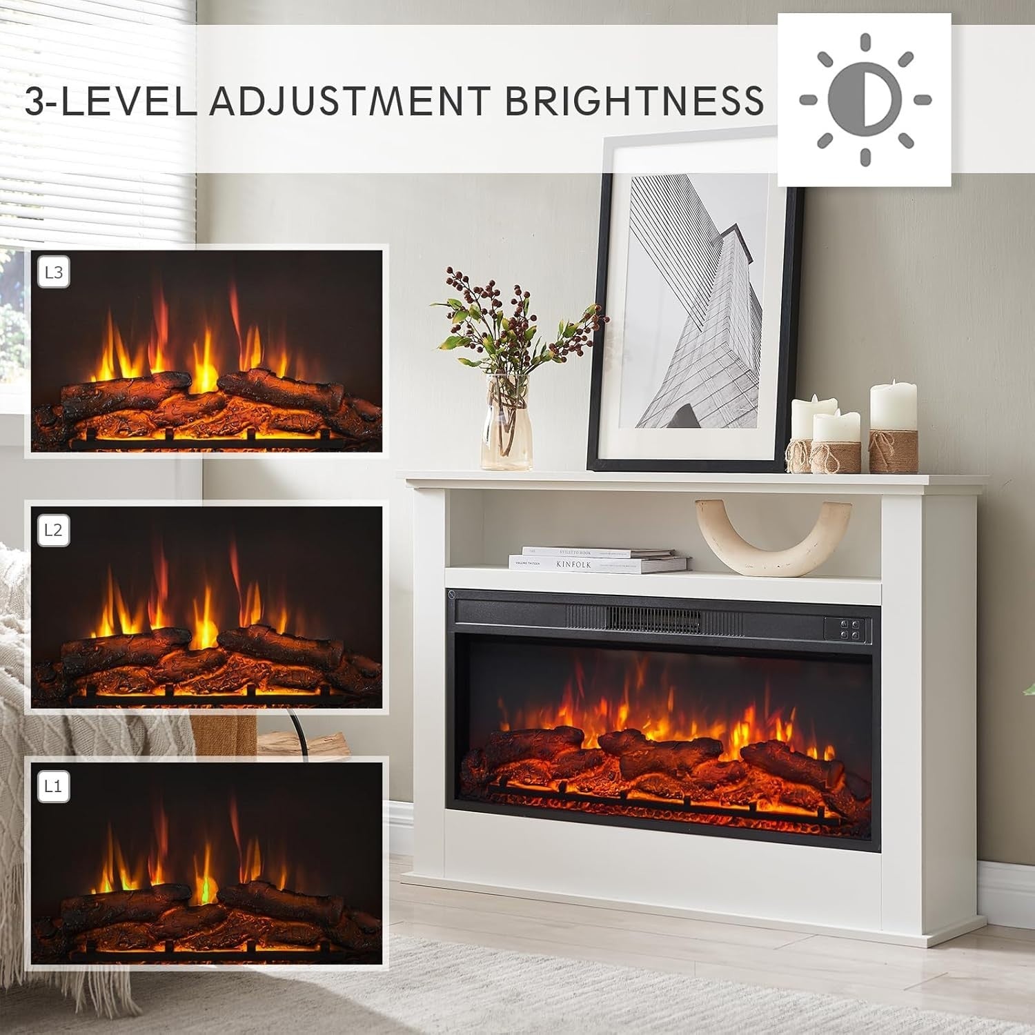 Electric Fireplace Heater 41” LED Flame Effect Surround White MDF