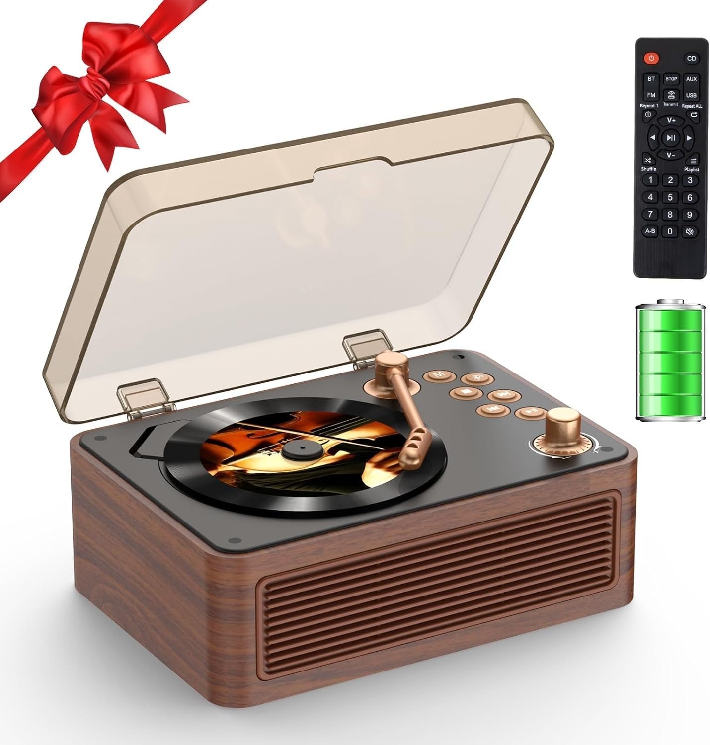 Retro Bluetooth CD Player FM Radio USB AUX HiFi Speakers Walnut
