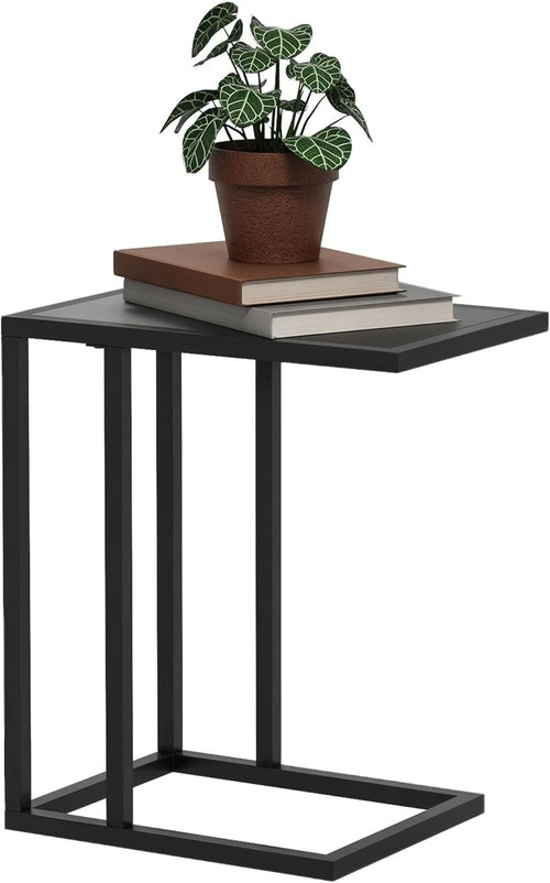 Slim C Shape Sofa Side Table Black Wood | Metal Frame Snack Coffee Stand