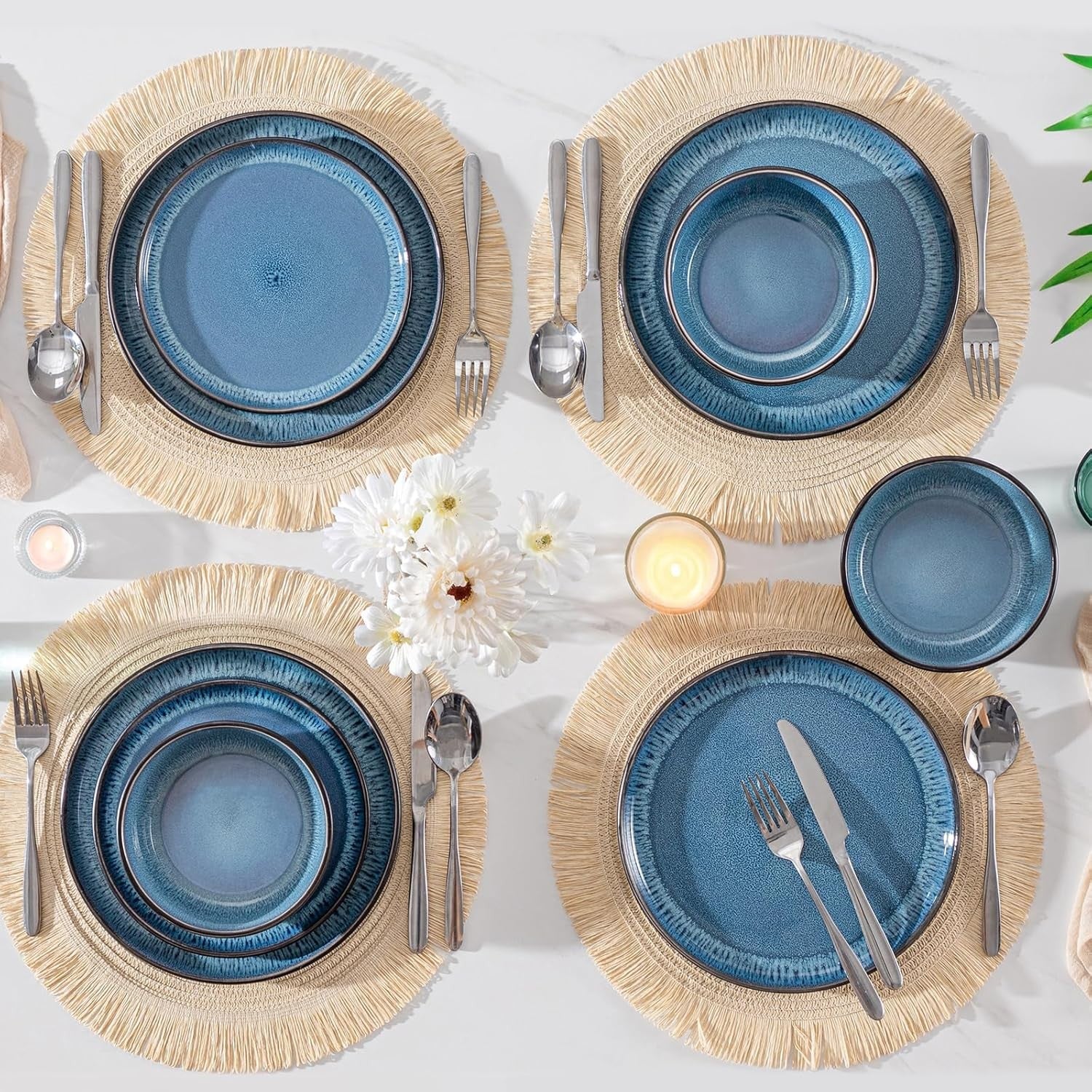 18pc Blue Stoneware Dinner Set Reactive Glaze Plates Bowls Microwave Safe