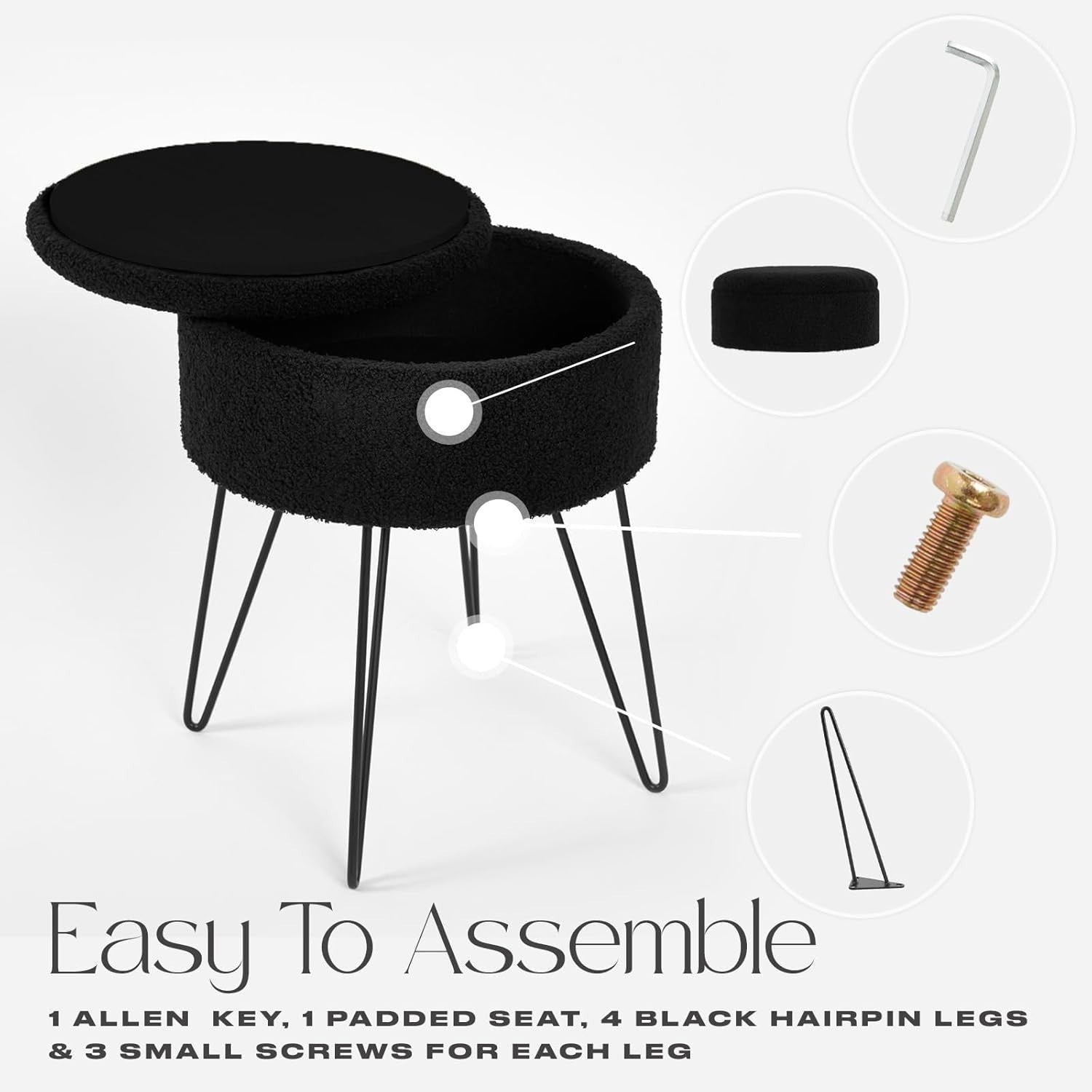 Black Bouclé Storage Stool Round Footrest Hairpin Leg Vanity Seat