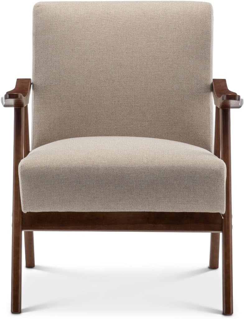 Beige Linen Accent Armchair Mid Century Wooden Lounge Chair